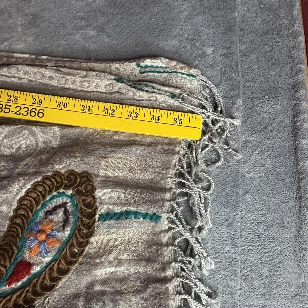 Pashmina Shawl Wrap Womens‎ Gray Paisley Embroidered Tassel Fringe Boho India